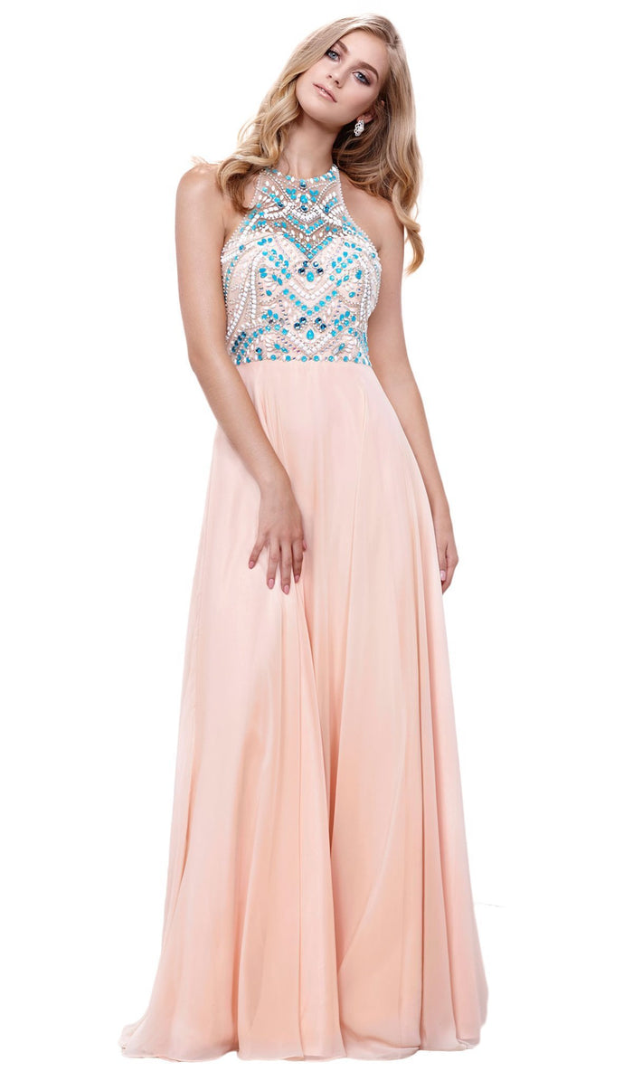 Sleeveless Bejeweled Halter A-line Dress