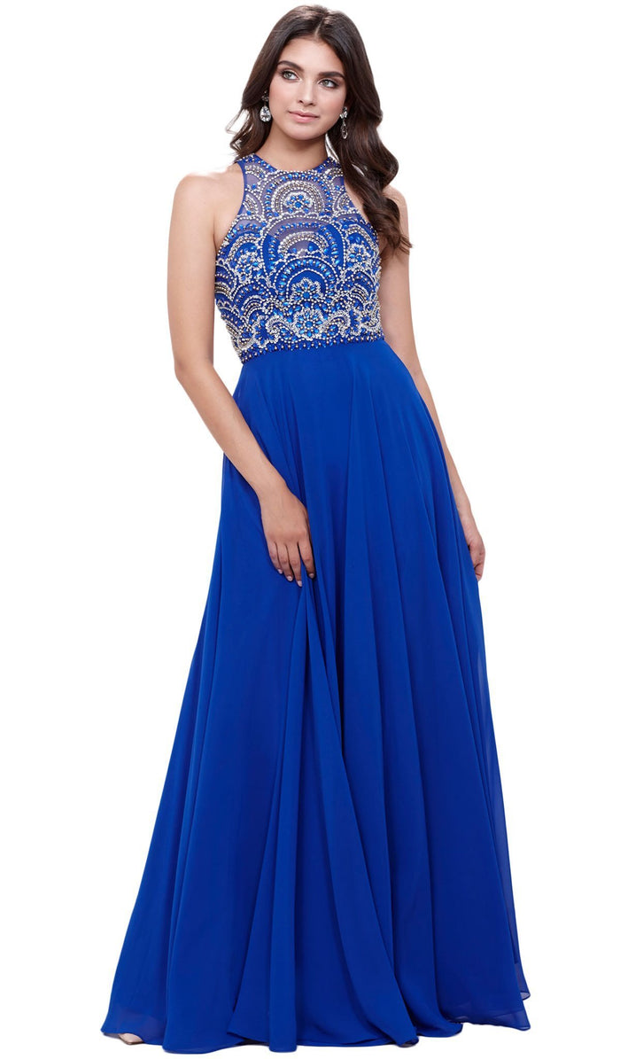 Sleeveless High Neck Beaded Bodice A-line Dress
