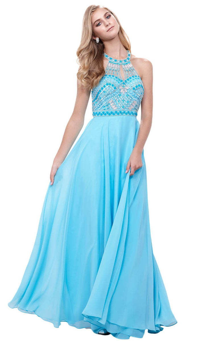 Beaded High Halter Long A-line Dress