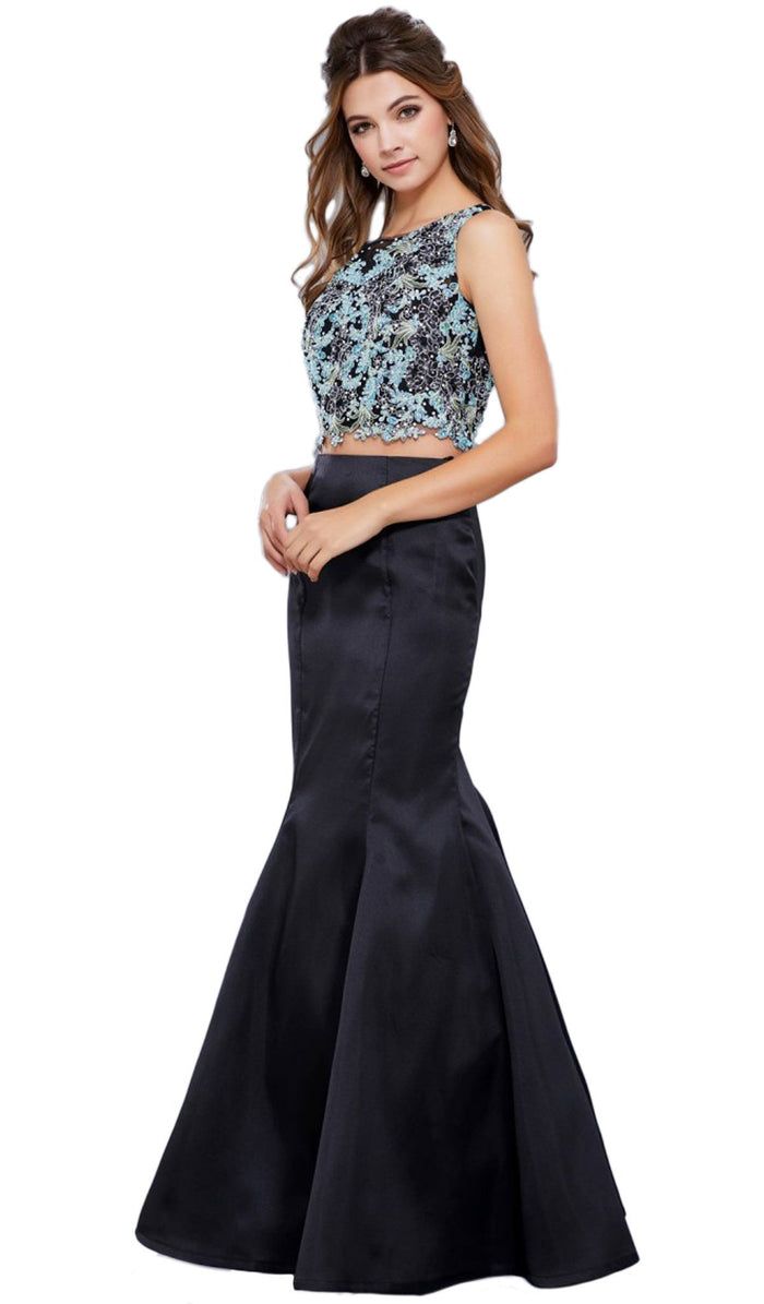 Two-Piece Crop Top Floral Lace Long Dress