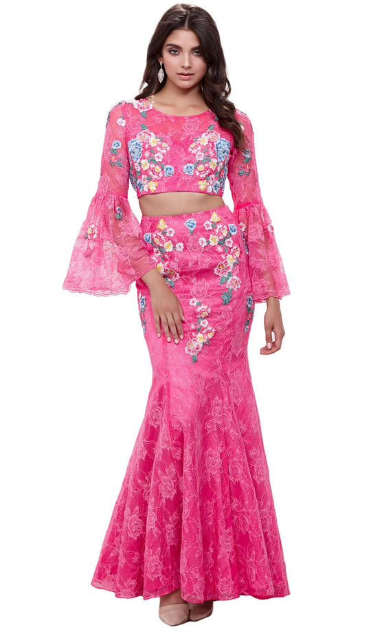 Two-Piece Embroidered Circular Flounce Sleeve Evening Dress