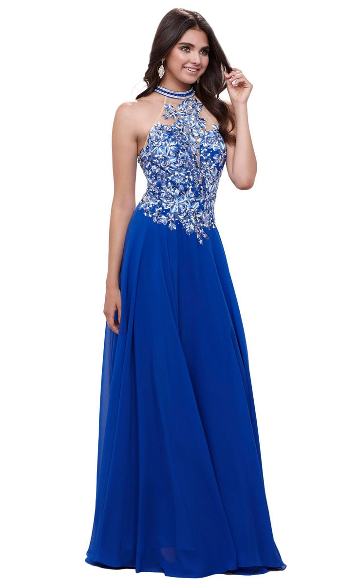High Halter Neck Floral A-line Evening Gown
