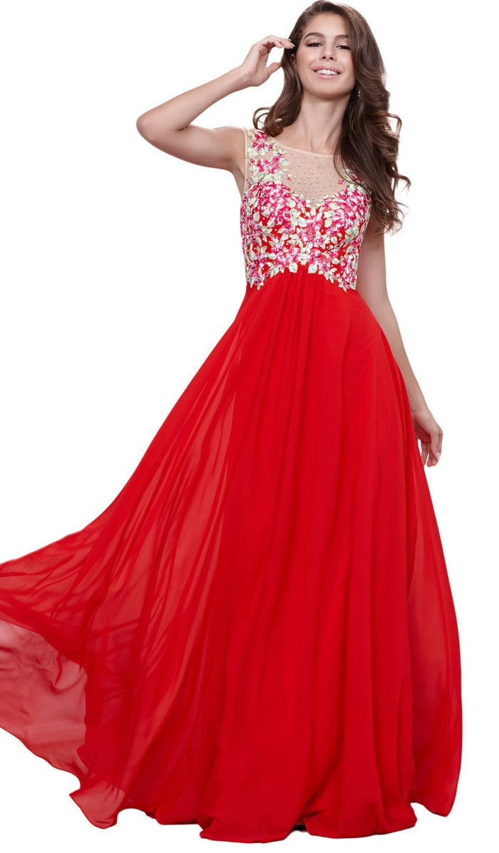 Floral Applique Illusion Bateau A-line Dress