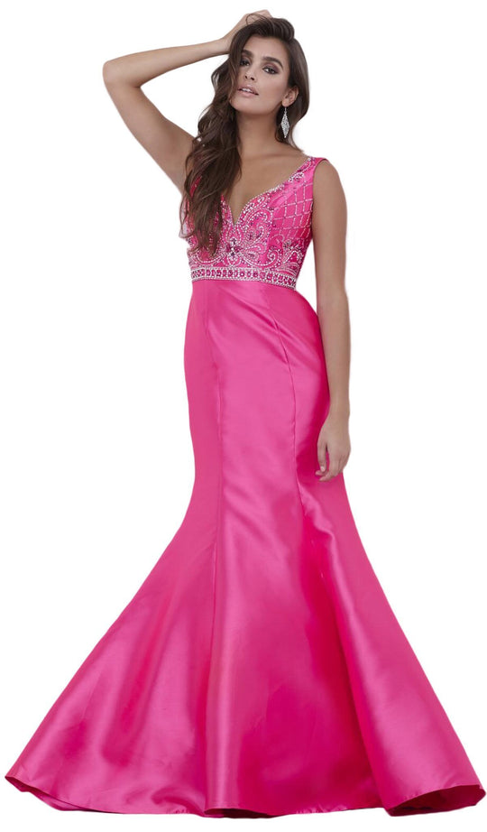 Sleeveless V-Neck Beaded Bodice Trumpet Gown