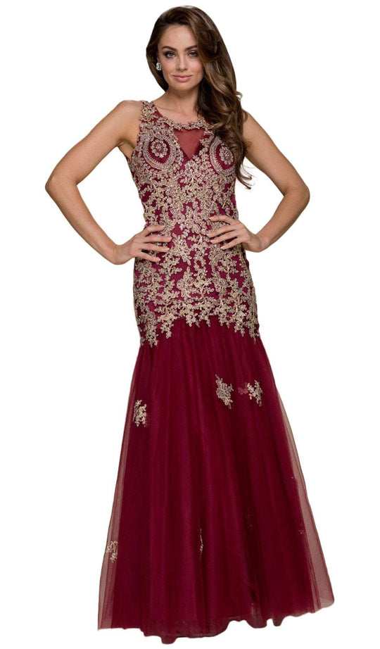 Gold Embellished Illusion Jewel Trumpet Dress