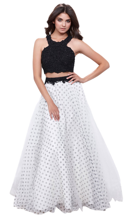 Two-Piece Contrast Lace Embellished Evening Gown