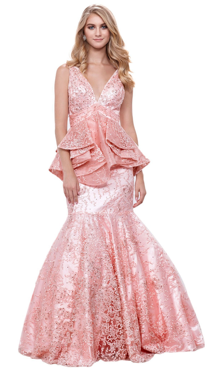 Embellished Sleeveless Ruffled Peplum Evening Gown
