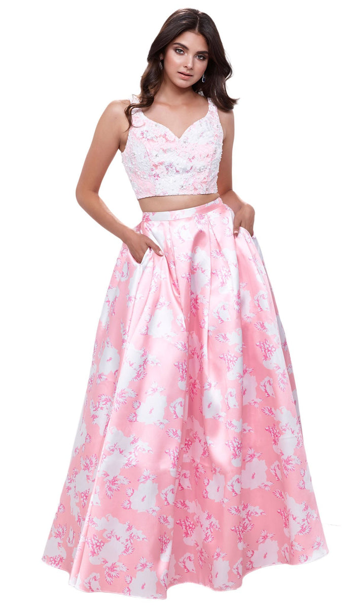 Two-Piece Wide V-Neckline Floral A-line Evening Gown