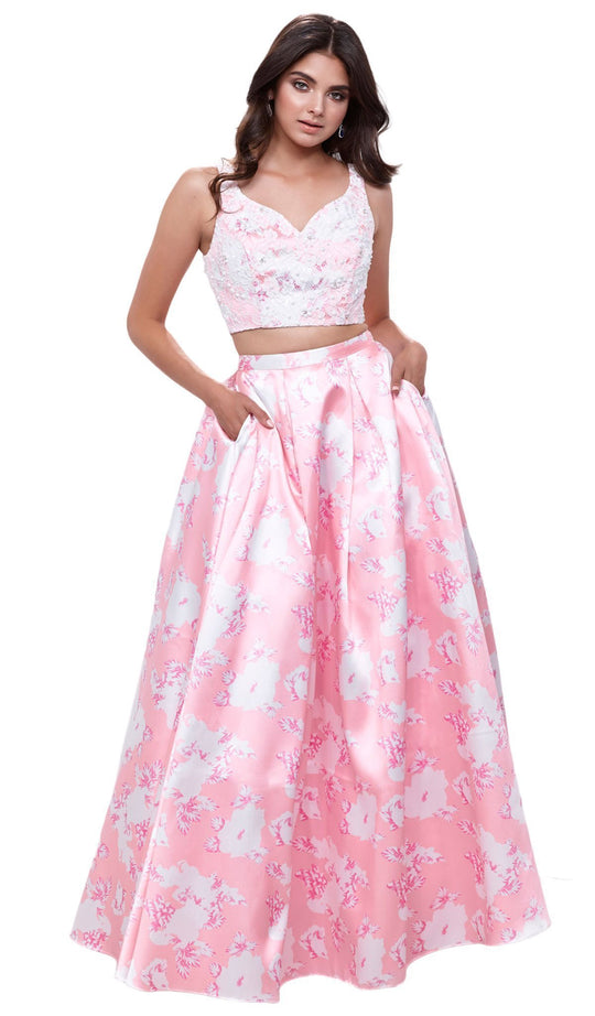 Nox Anabel - 8312 Two-Piece Wide V-Neckline Floral A-line Evening Gown