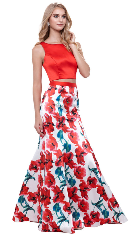 Two-Piece Sleeveless Floral Trumpet Evening Dress
