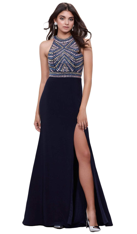Rhinestone Embellished Halter Illusion Evening Gown