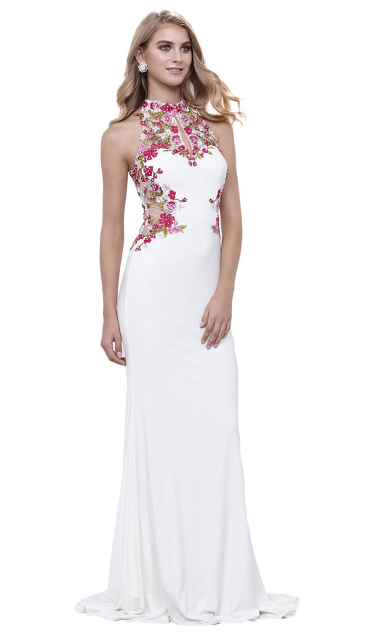 Nox Anabel - 8322 Floral Embroidered Halter Jersey Evening Dress