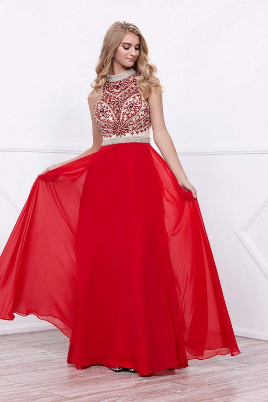 Nox Anabel - Ornate Illusion Halter Chiffon Gown in Red