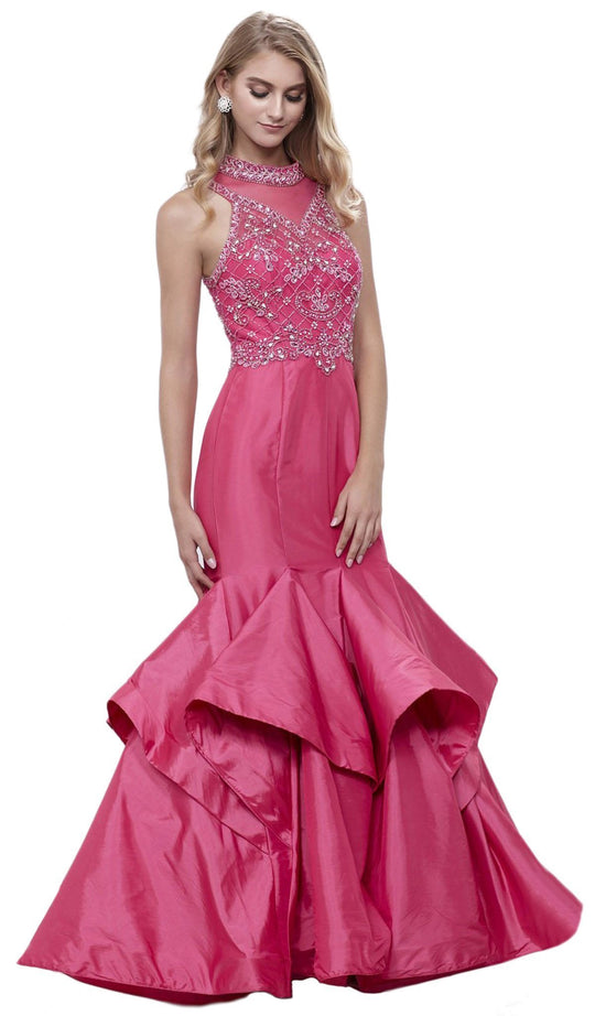 Beaded High Neck Ruffled Mermaid Evening Gown