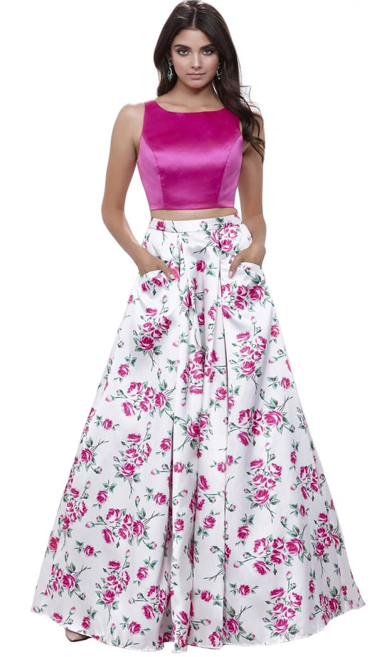 Nox Anabel - 8331 Bateau Neck Two-Piece Floral A-line Evening Gown