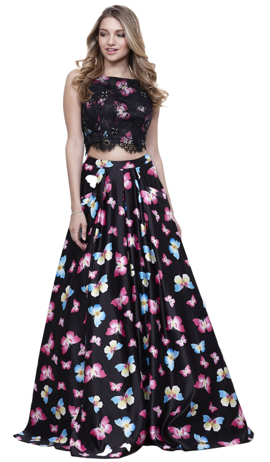 Two-Piece Bateau Butterfly Printed Evening Gown