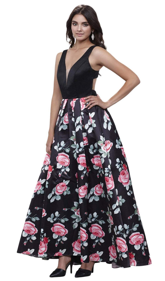 Sleeveless Deep V-Neck Floral Evening Dress