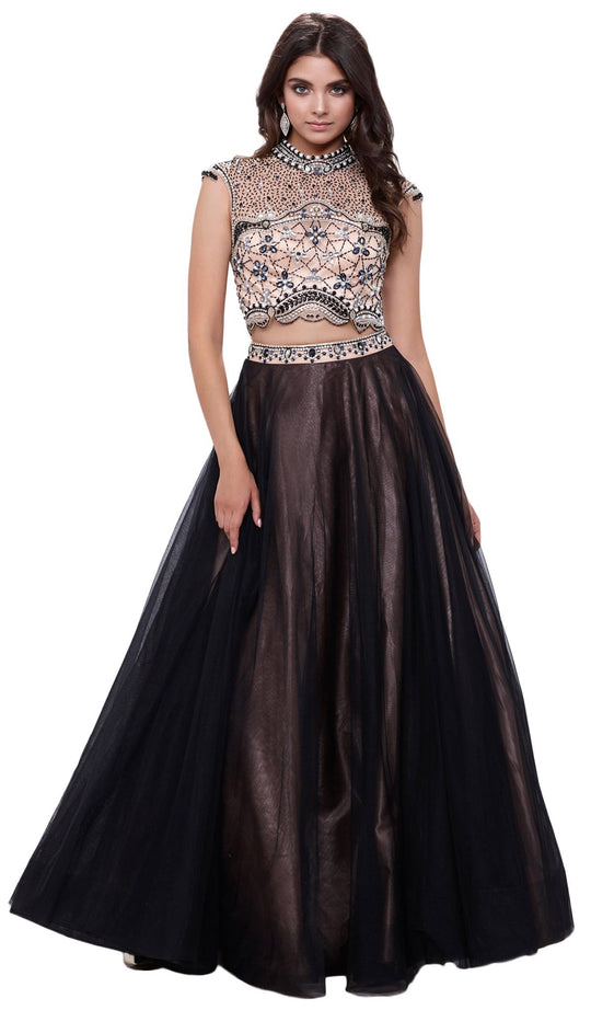 Two-Piece Cap Sleeve Sheer Jewel Evening Dress