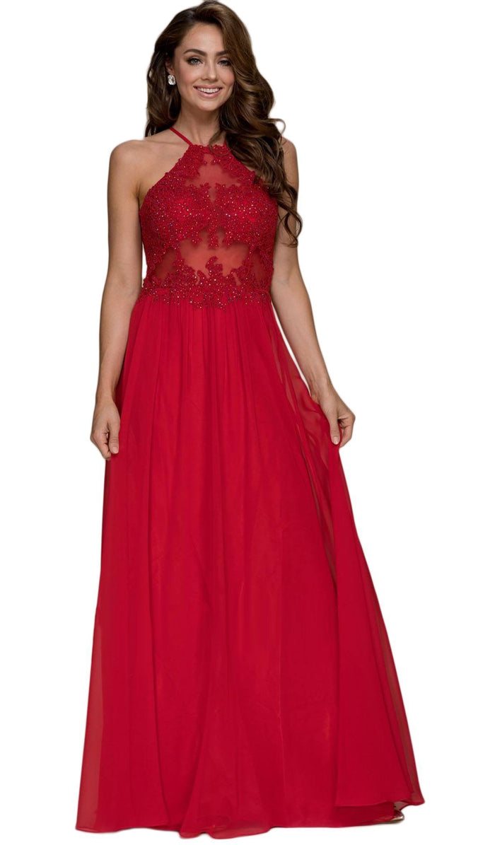Beaded Lace Halter Chiffon A-line Dress