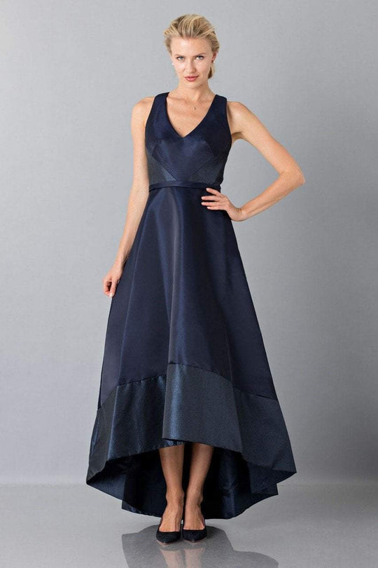 Theia - 883057 V-Neck Contrast Satin Hi-Low Gown in Blue