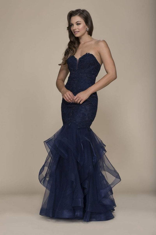 Nox Anabel Strapless Beaded Lace Tulle Mermaid Dress in Blue