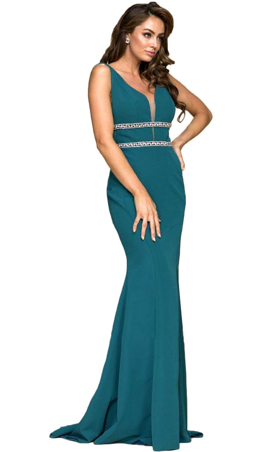 Sleeveless Jewel-Banded V-Neck Mermaid Gown