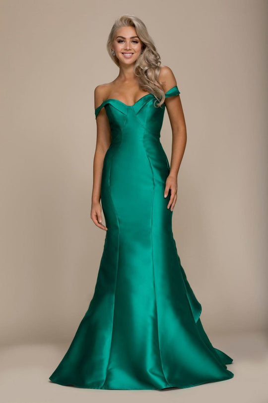 Nox Anabel - Sleek Off-Shoulder Layered Mikado Mermaid Dress C003 in Green