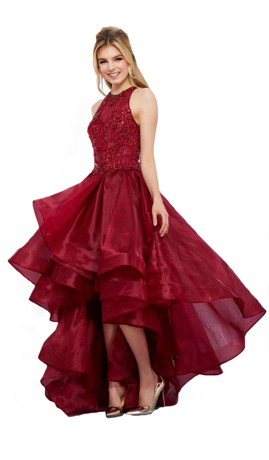 Bejeweled Lace Bodice High-Low Tulle Gown