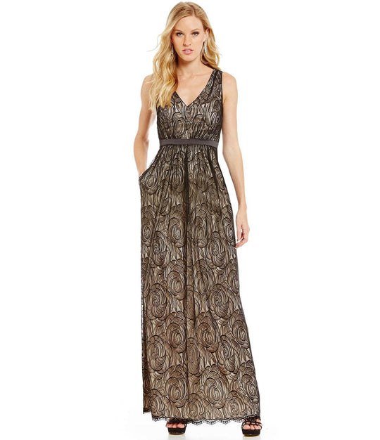 Adrianna Papell - V-Neckline Embellished Lace Dress 91927460 in Black and Neutral