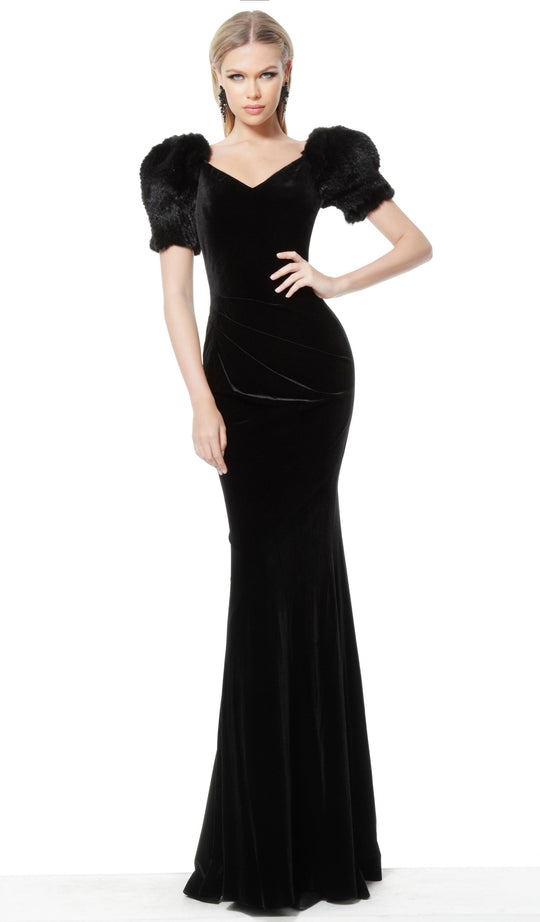 Jovani - 61726 Fur Sleeve Velvet V-neck Sheath Dress In Black