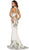 May Queen - RQ7529 Deep V-Neck Floral Print Mermaid Evening Gown In White