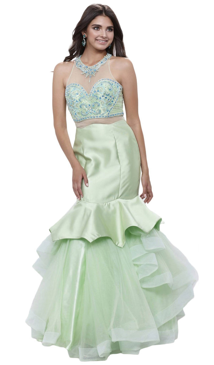 Sleeveless Halter Neck Beaded Long Mermaid Dress