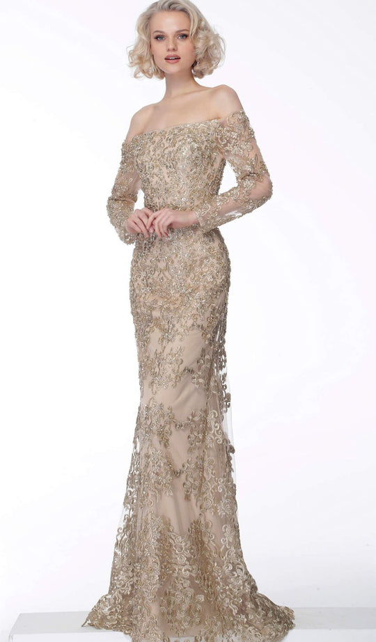 Jovani - 60944 Embroidered Off-Shoulder Trumpet Dress In Gold