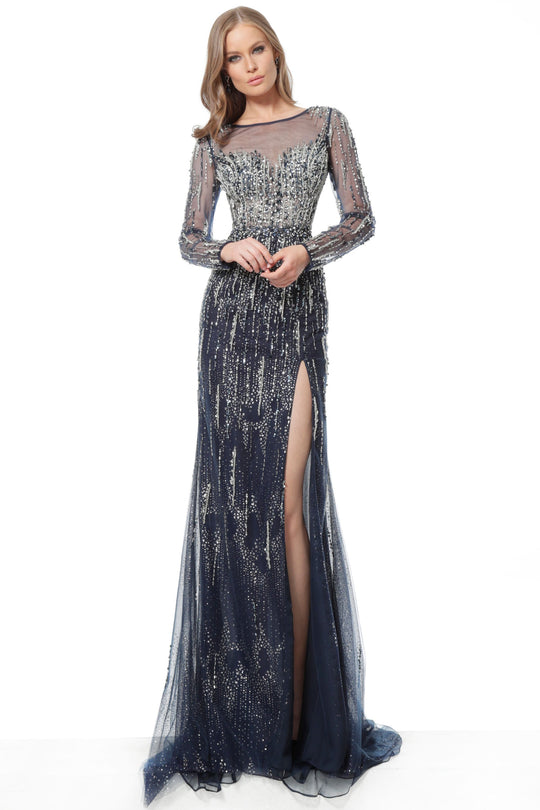 Jovani - 51548 Embellished Long Sleeve Bateau Sheath Dress In Blue