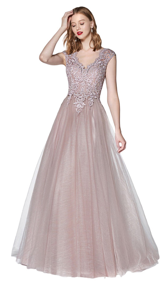 Cinderella Divine - OC002 Lace Scalloped V-neck Tulle A-line Gown in Purple