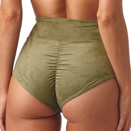 Olive Faux Suede Added Coverage High Rise Bikini Bottom