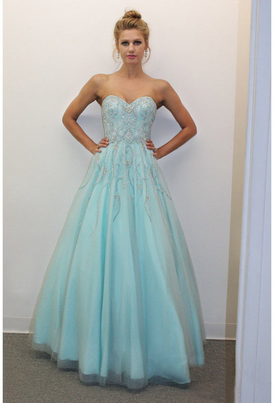 Terani Couture - 1711P2866 Trailing Ornament A-Line Gown in Silver and Blue