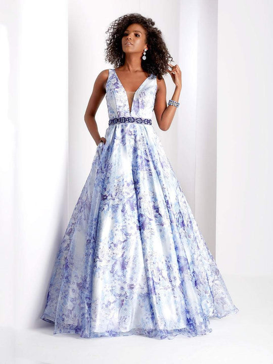 Clarisse - 3552 Deep V-neck Print Ballgown in Purple and Print