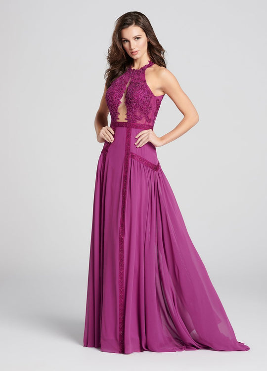 Ellie Wilde - EW21832 Beaded Lace Halter Chiffon A-line Dress in Purple
