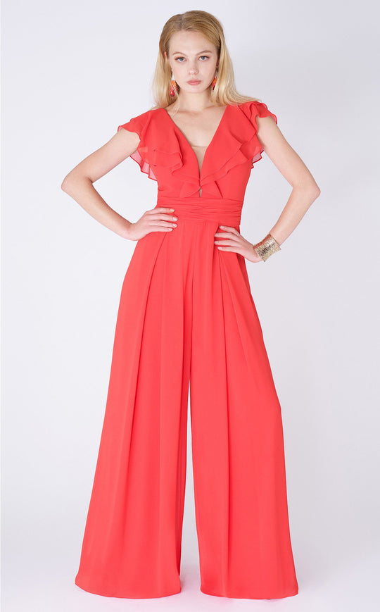 MNM COUTURE - P10129 Flutter Sleeve Palazzo Jumpsuit In Pink