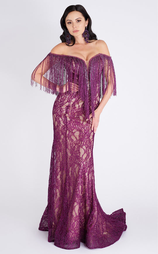 MNM COUTURE - P10140 Fringe Off Shoulder Lace Evening Gown In Red and Neutral