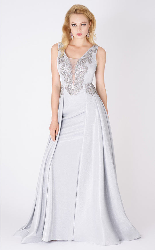 MNM COUTURE - P10152 Beaded Plunging V-Neck Overskirt Gown In Silver