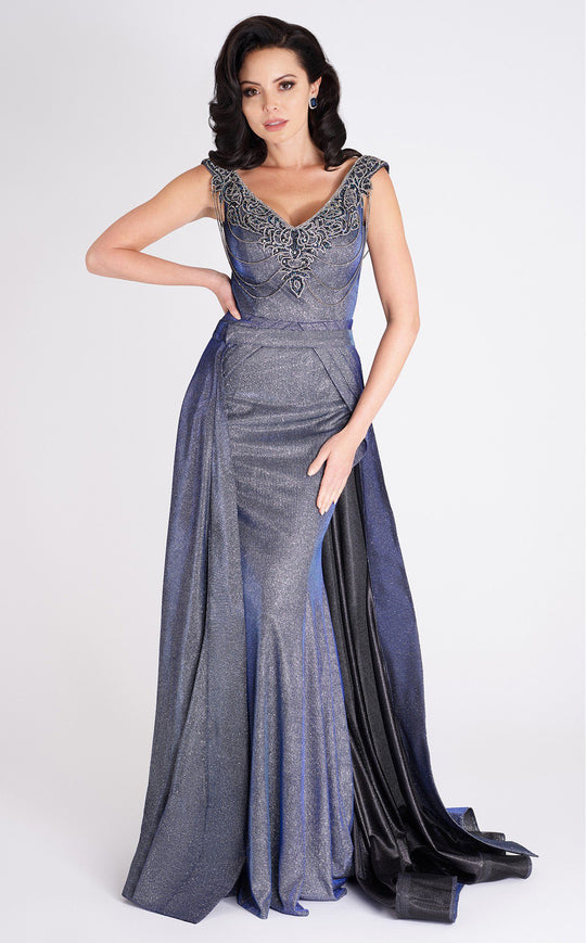 MNM COUTURE - P10156 Beaded V Neck Sheath Gown with Overskirt In Gray