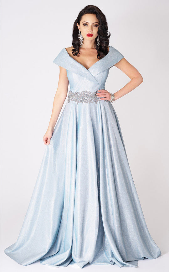 MNM COUTURE - P10158 Shimmer Off Shoulder Rhinestone Belt A-Line Gown In Blue