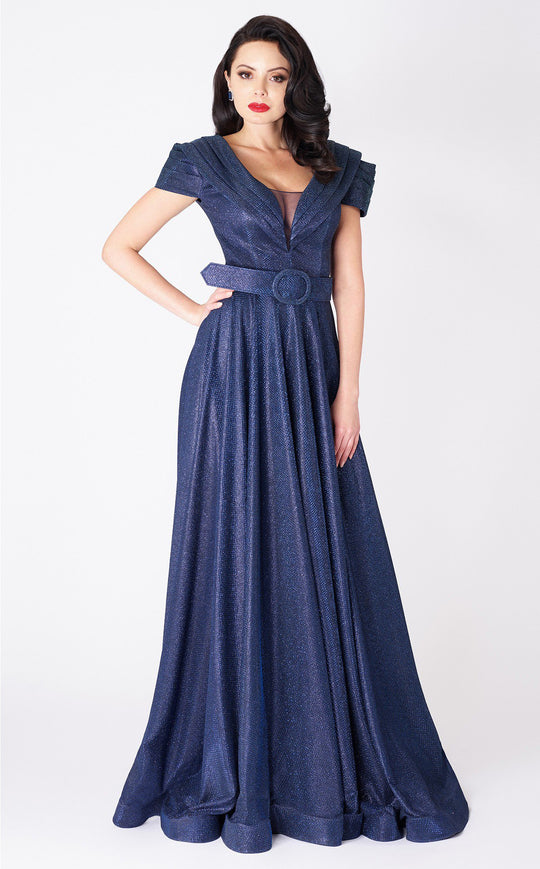 MNM COUTURE - P10161 Pleated Shawl Collar Glitter Long Gown In Blue