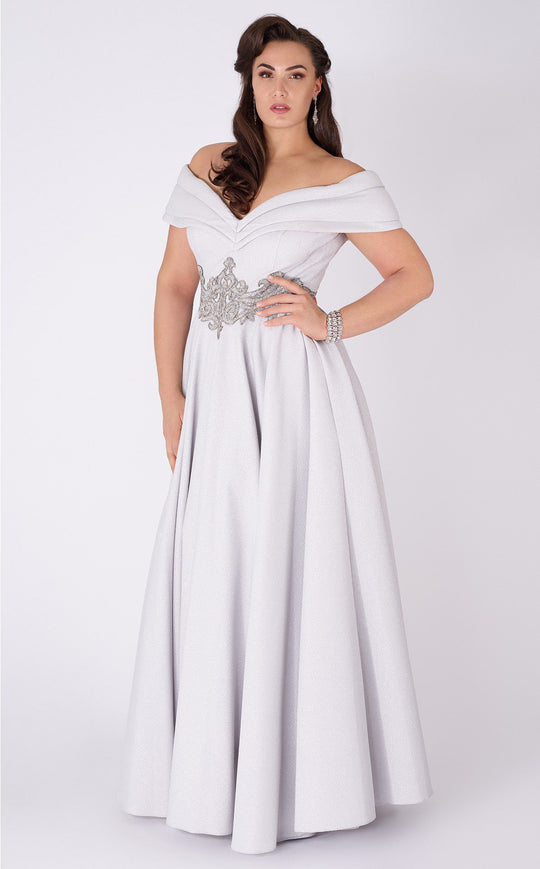 MNM COUTURE - P10176 Pleated Off Shoulder Beaded Waist Gown In Silver