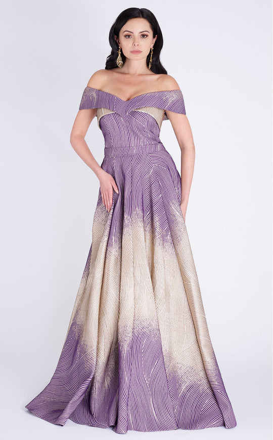 MNM COUTURE - P10182 Two Toned Stripe Off Shoulder A-Line Gown In Purple and Gold