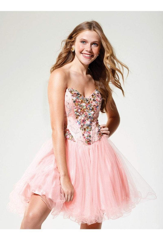 Terani Couture - P192 Strapless Jeweled Ruffled Cocktail Dress in Pink