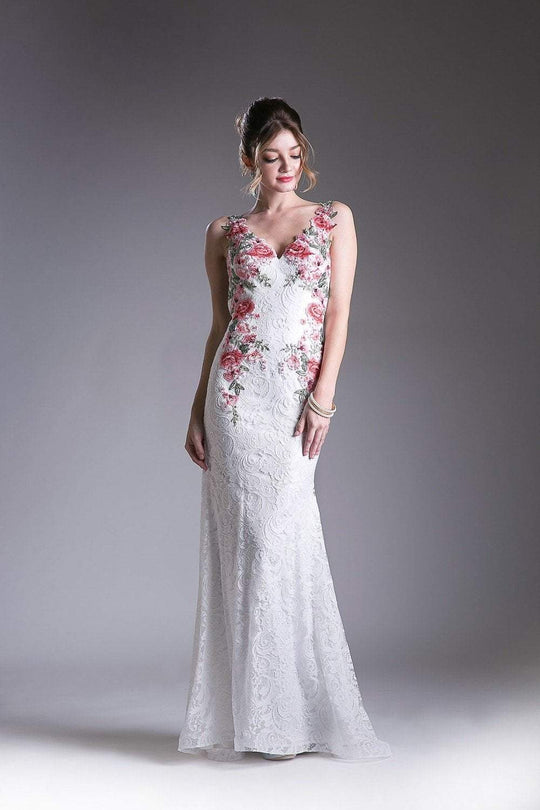 Cinderella Divine - P207 Floral Applique Lace Sheath Gown In White