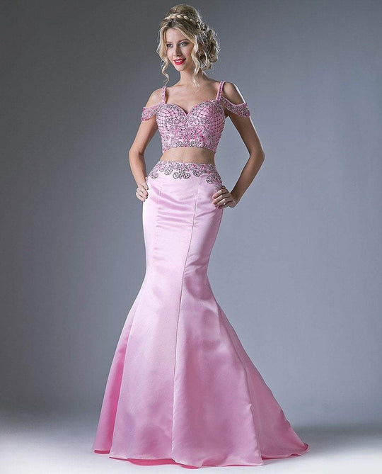 Cinderella Divine Draped Sleeve Two-Piece Ornate Mermaid Gown P209 - 1 pc Pink In Size 2 Available